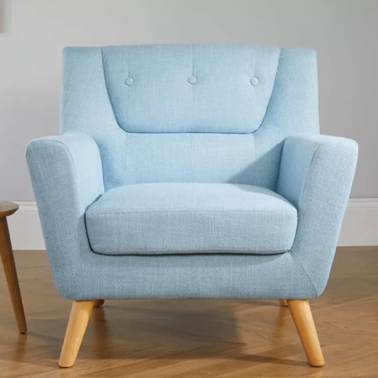 Read more about Lambda fabric armchair with wooden legs in duck egg blue