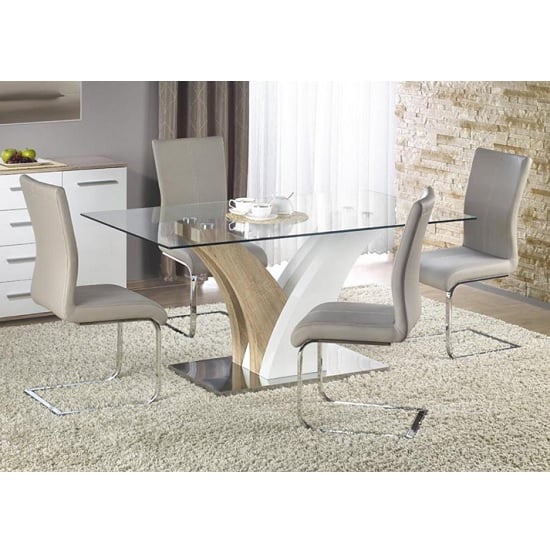 Lamont Glass Dining Table Set In Clear With 6 Grey Chairs