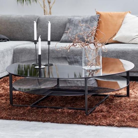 Product photograph of Lampe Round Smoked Glass Coffee Table With Glass Undershelf from Furniture in Fashion