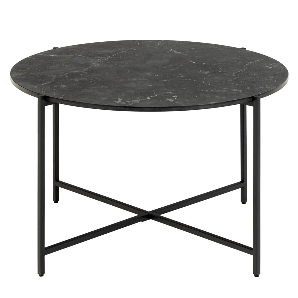Lampe Wooden Round Coffee Table In Black Marble Effect