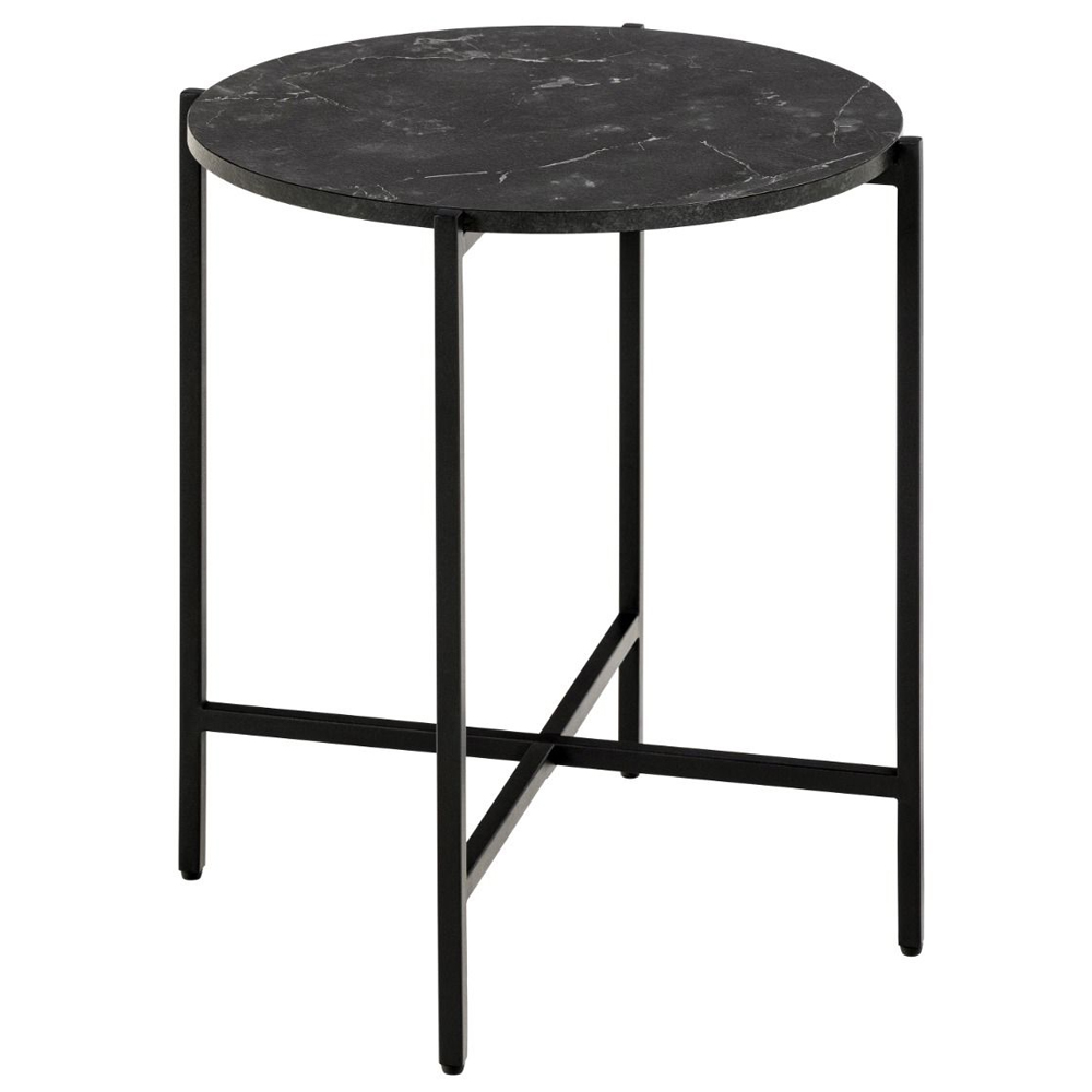 Lampe Wooden Round Side Table In Black Marble Effect
