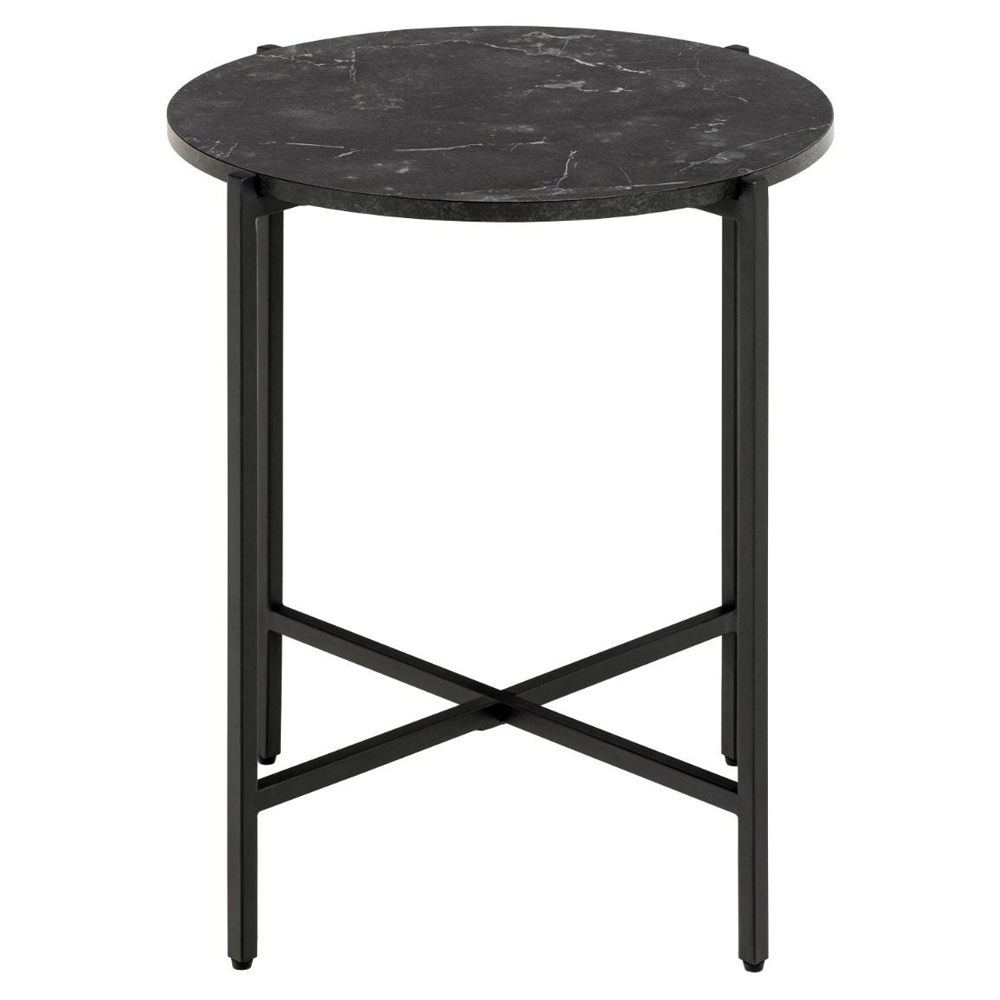 Lampe Wooden Round Side Table In Black Marble Effect