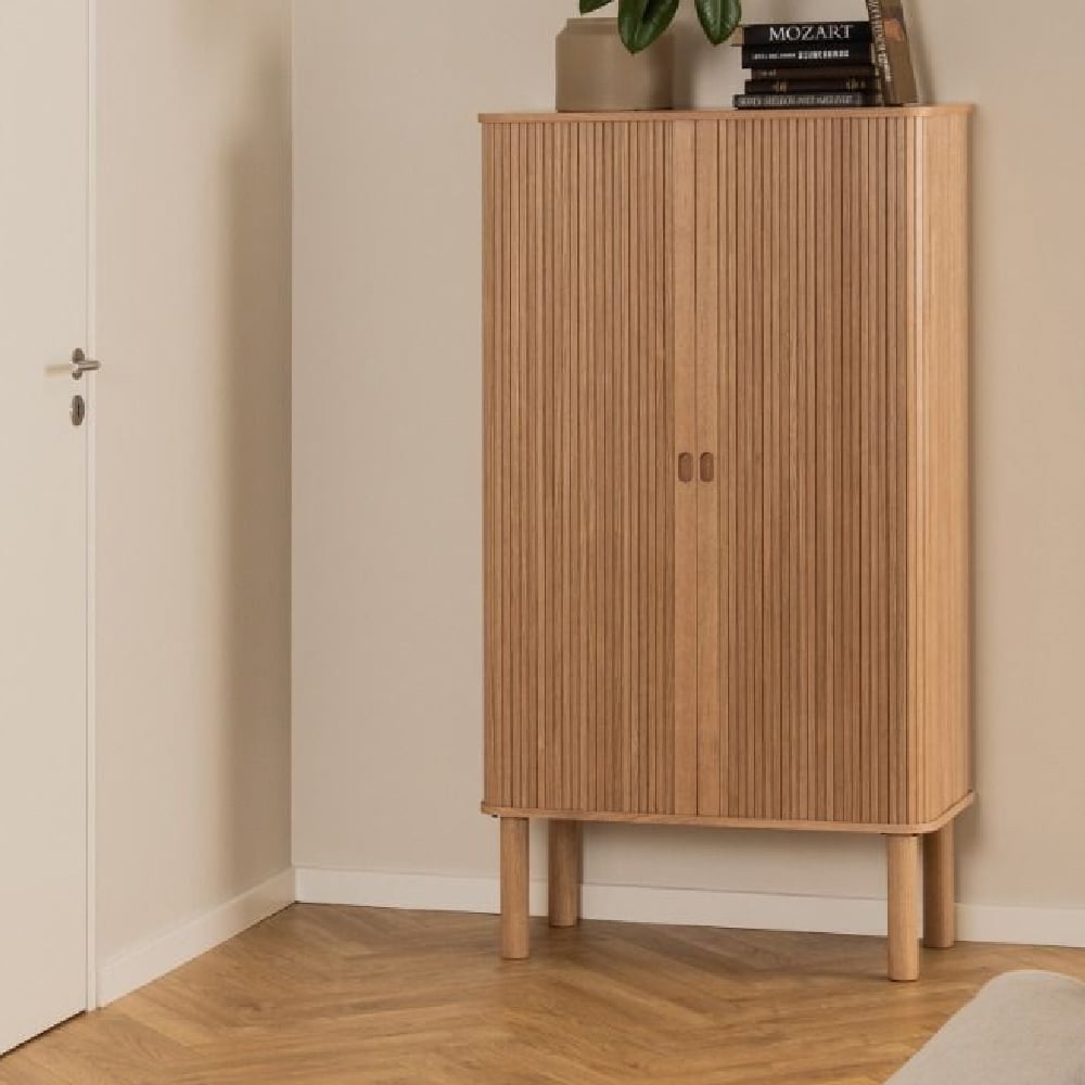 Read more about Lampe wooden storage cabinet tall with sliding doors in oak