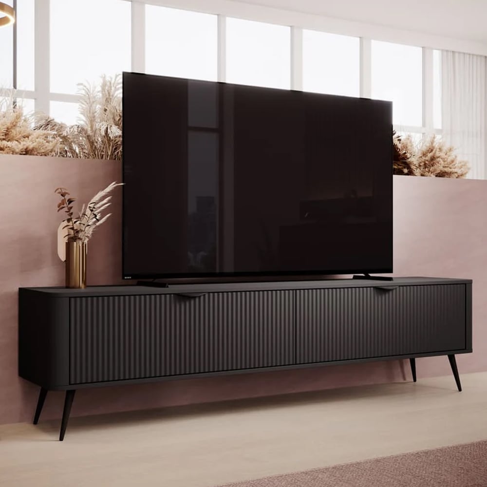 Lampe Wooden TV Stand With Metal Legs In Black