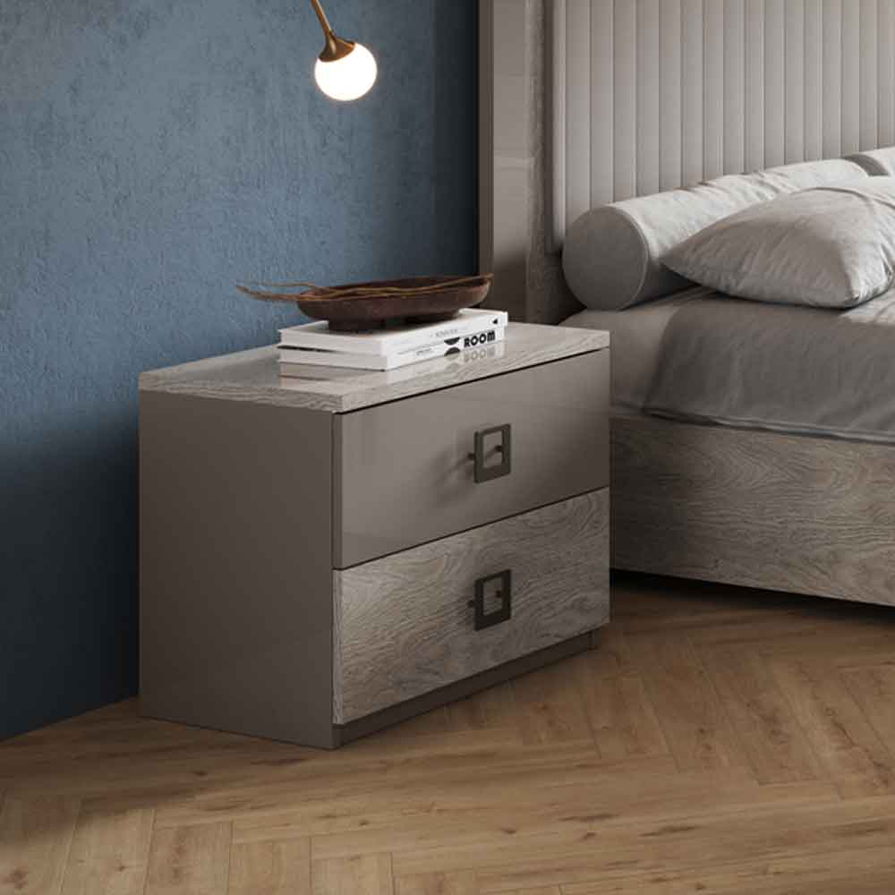 Lana High Gloss Bedside Cabinet with 2 Drawers in Grey and Oak