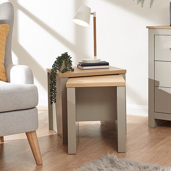 Read more about Loftus set of 2 wooden nesting tables in grey and oak