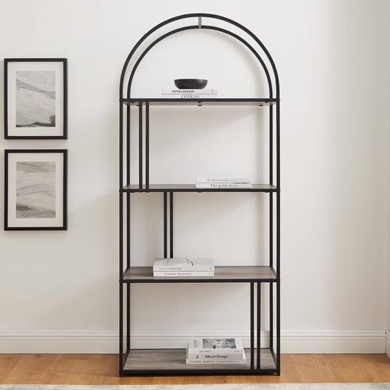 Product photograph of Langley Metal Arched Bookcase With 4 Grey Wash Wooden Shelves from Furniture in Fashion