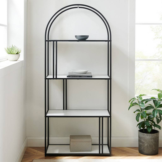 Product photograph of Langley Metal Arched Bookcase With 4 White Marble Effect Shelves from Furniture in Fashion