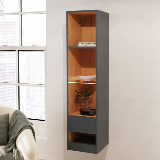 Read more about Langley tall wooden shelving unit in anthracite and oak with led