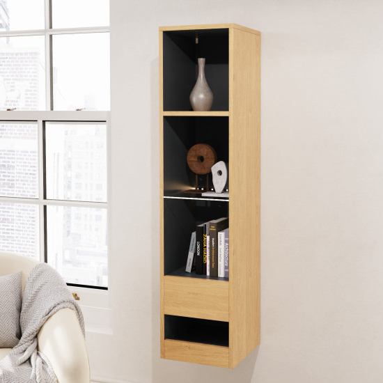 Read more about Langley tall wooden shelving unit in oak and anthracite with led