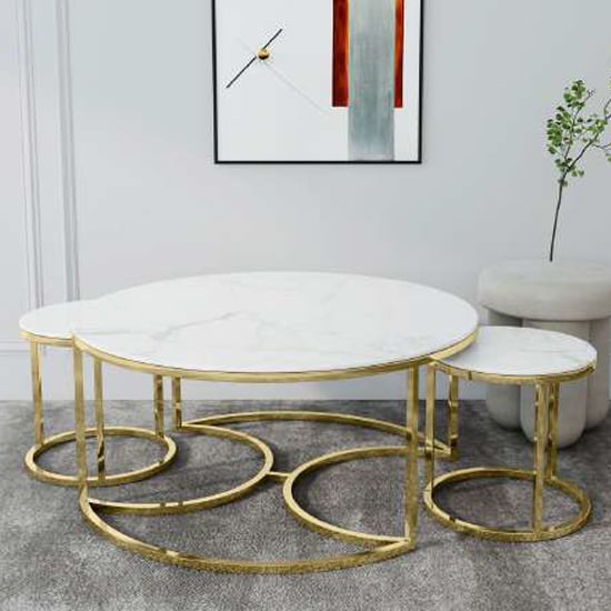 Lanica Marble Nest Of 3 Tables With Gold Metal Base