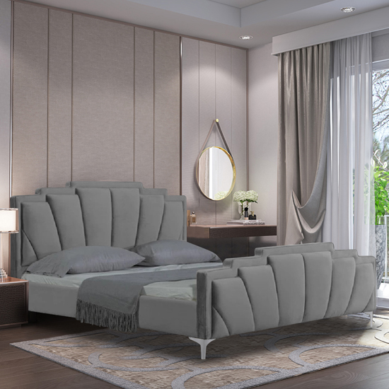 Lanier Plush Velvet Small Double Bed In Grey Furniture in Fashion