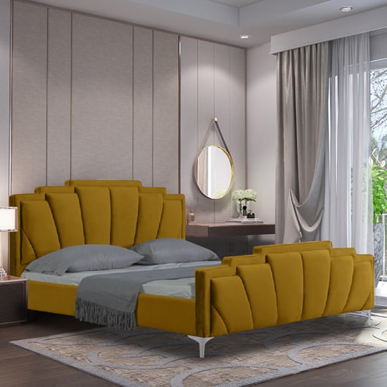 Product photograph of Lanier Plush Velvet Super King Size Bed In Mustard from Furniture in Fashion