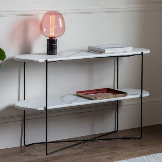 Photo of Lankford wooden console table in white marble effect