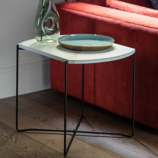 Photo of Lankford wooden side table in white marble effect