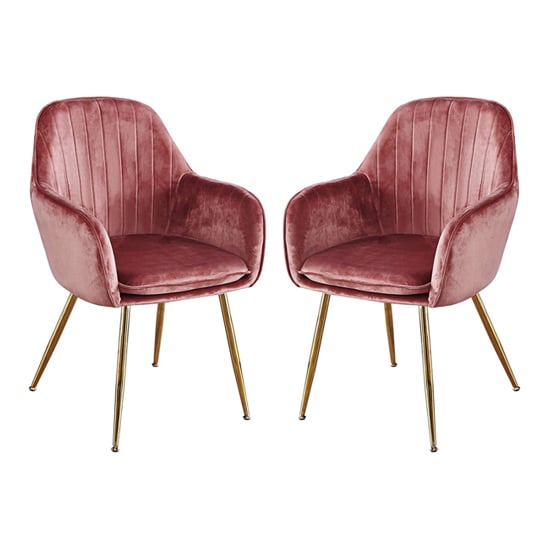 Lewes Velvet Vintage Pink Dining Chairs With Gold Legs In Pair