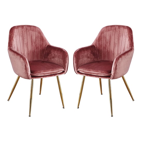 Product photograph of Lewes Velvet Vintage Pink Dining Chairs With Gold Legs In Pair from Furniture in Fashion