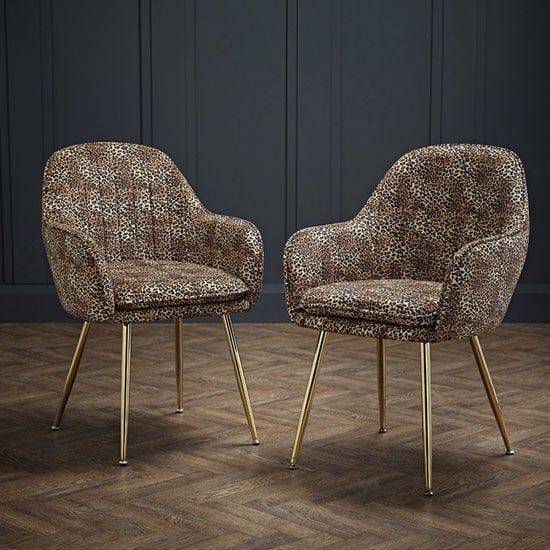 Read more about Lewes velvet leopard print dining chairs with gold legs in pair