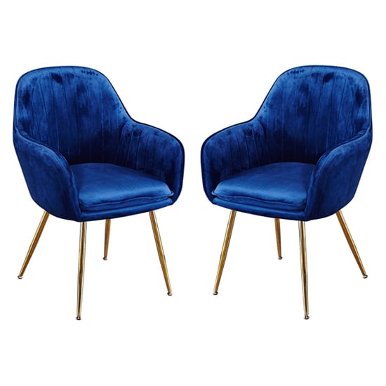 Product photograph of Lewes Velvet Royal Blue Dining Chairs With Gold Legs In Pair from Furniture in Fashion