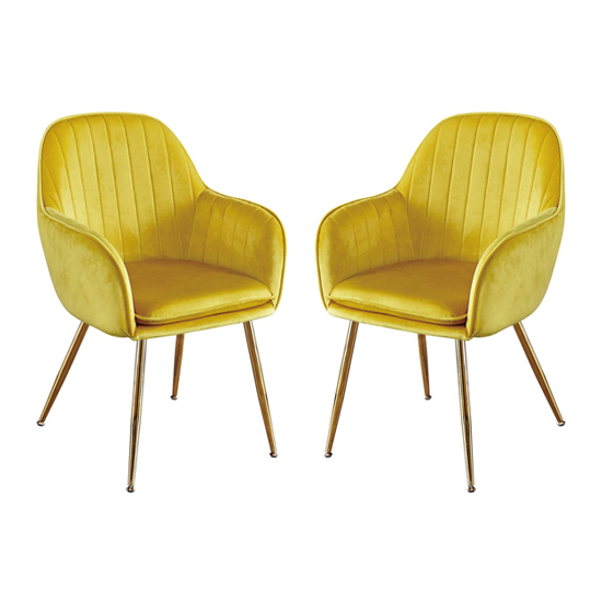 Read more about Lewes velvet ochre yellow dining chairs with gold legs in pair