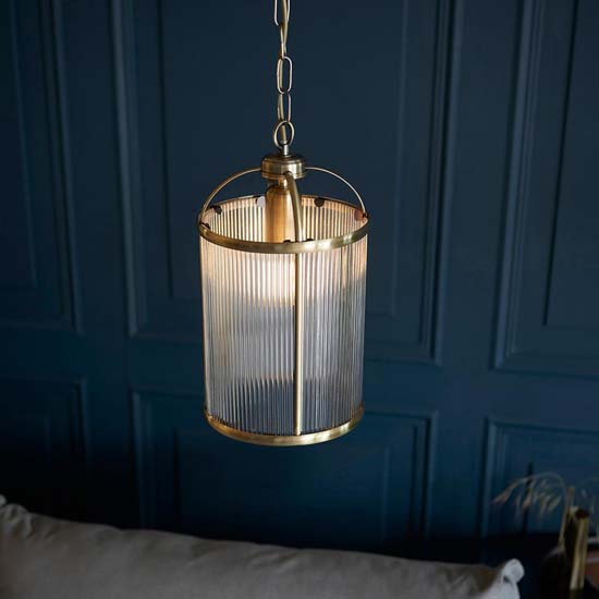 Laredo Ribbed Glass Ceiling Pendant Light In Antique Brass