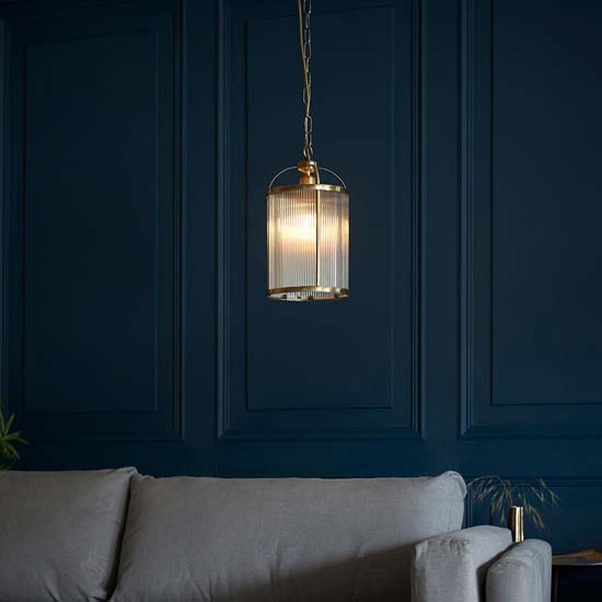Laredo Ribbed Glass Ceiling Pendant Light In Antique Brass