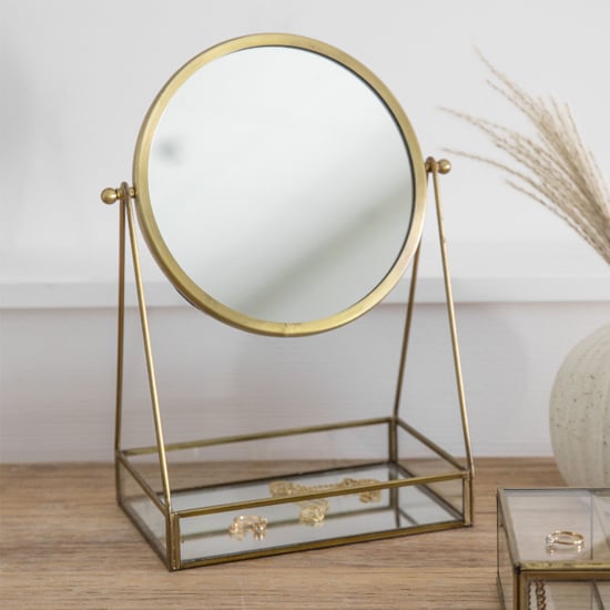 Read more about Largo vanity mirror with tray in antique brass iron frame