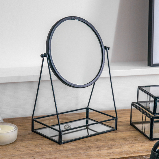 Photo of Largo vanity mirror with tray in black iron frame
