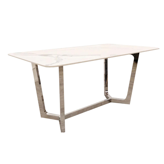 Photo of Largo white sintered stone top dining table with chrome frame