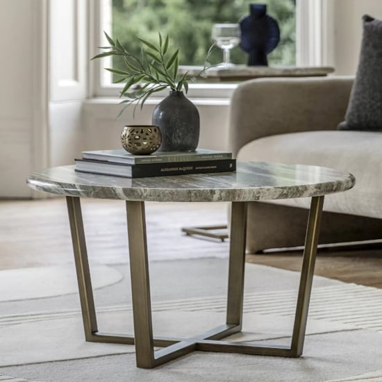 Read more about Larnaca wooden coffee table round in green faux marble effect