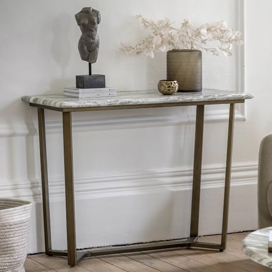 Read more about Larnaca wooden console table in green faux marble effect