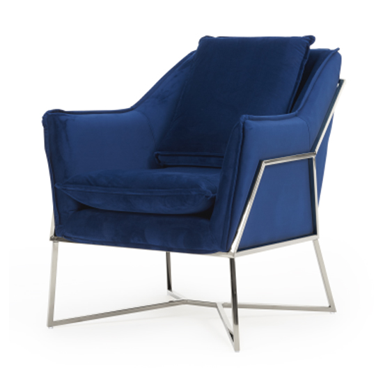Larne Velvet Accent Lounge Chair In Blue With Chrome Frame FiF