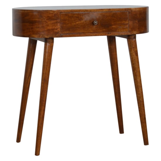 Read more about Wooden circular console table in chestnut with 1 drawer