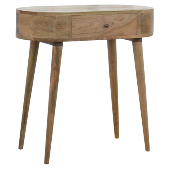 Read more about Wooden circular console table in oak ish with 1 drawer