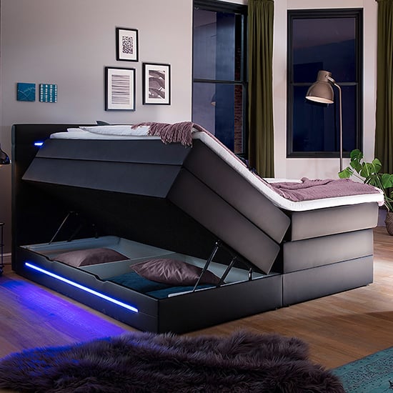 Kassie Faux Leather Storage Double Bed In Black With LED_2