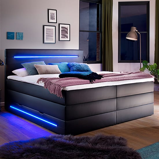 Kassie Faux Leather Storage Double Bed In Black With LED