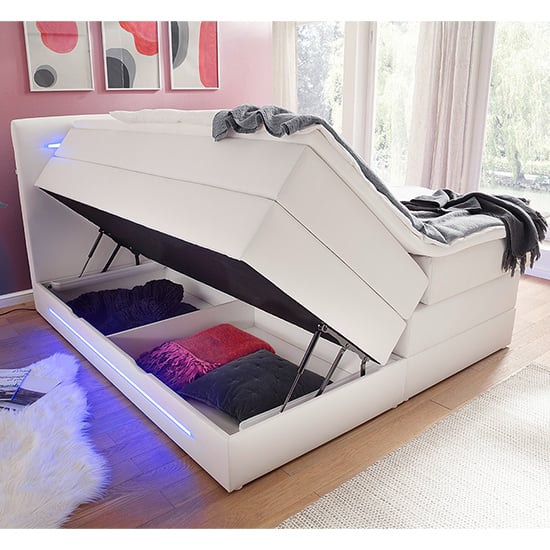 Kassie Faux Leather Storage Double Bed In White With LED_2