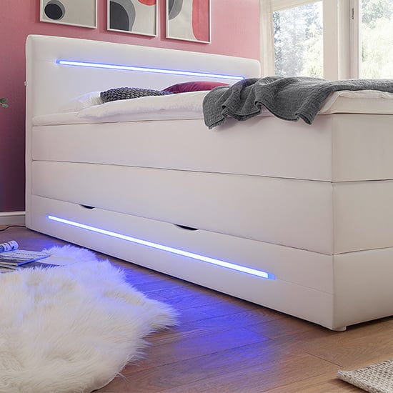 Kassie Faux Leather Storage Double Bed In White With LED_3