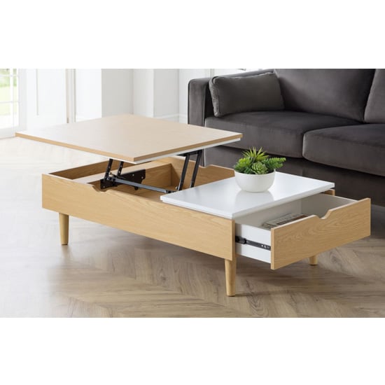 Photo of Laina lift-up storage coffee table in white high gloss and oak