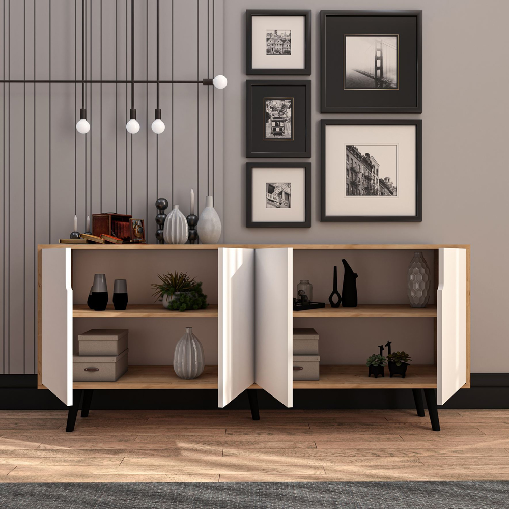 Latina Wooden Sideboard with 4 Doors in Sapphire Oak and White