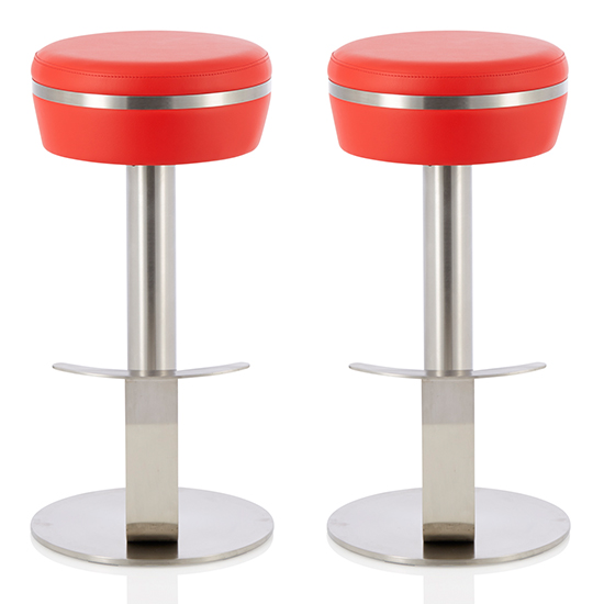 Photo of Latos red faux leather fixed bar height bar stools in pair