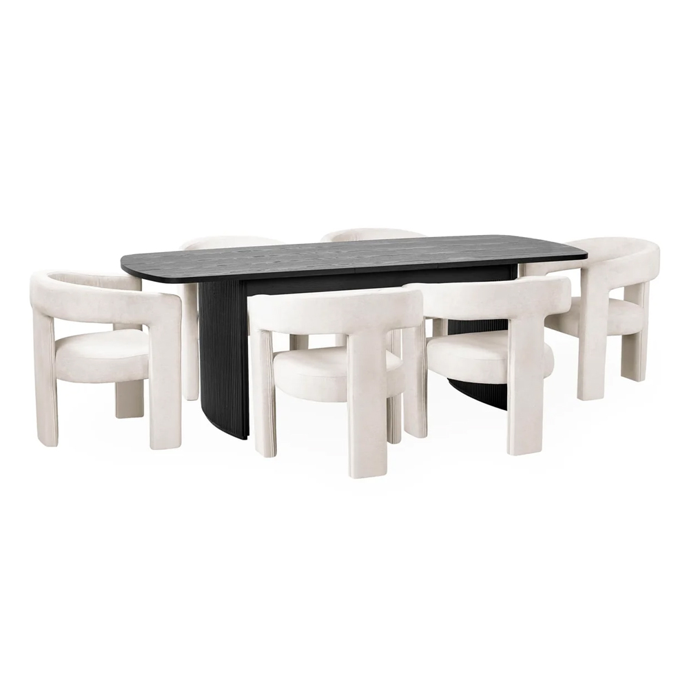 Laurel Black Fluted Extending Wooden Dining Table With 6 Siena White Chairs