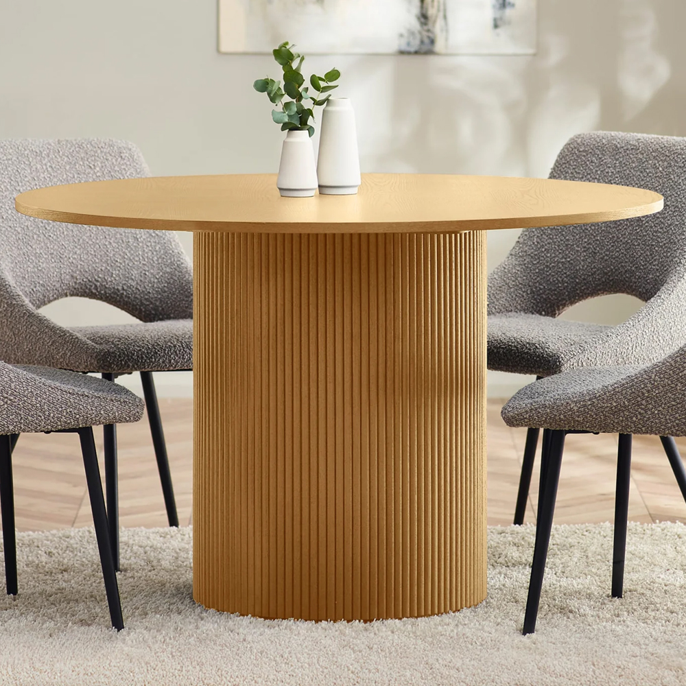 Laurel Light Oak Wooden Round Dining Table With 4 Irwin Grey Chairs