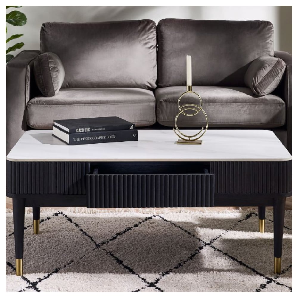 Read more about Laurel stone lamp table with drawer in white marble effect