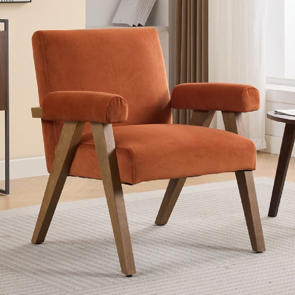 Laurel Velvet Accent Chair With Wooden Legs In Rust