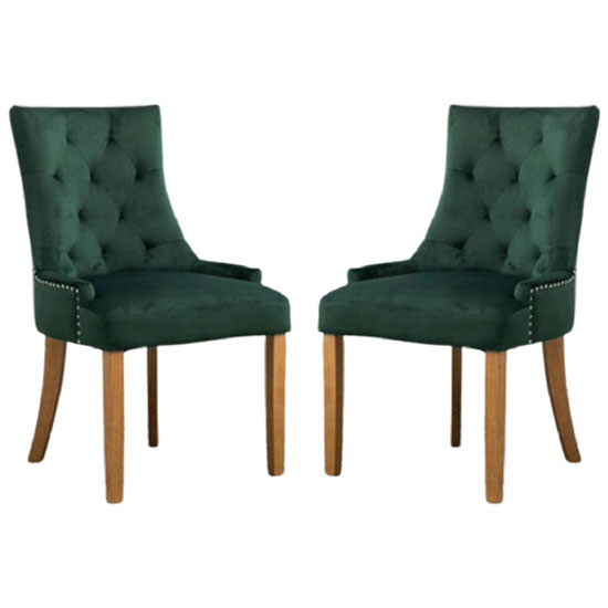 Lauren Dark Green Velvet Dining Chairs With Oak Legs In A Pair