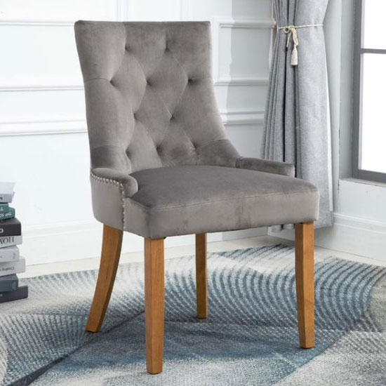 Lauren Grey Velvet Dining Chairs With Oak Legs In A Pair Furniture in