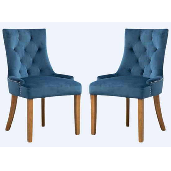 Lauren Blue Velvet Dining Chairs With Oak Legs In A Pair