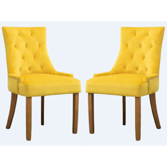 Product photograph of Lauren Ochre Velvet Dining Chairs With Oak Legs In A Pair from Furniture in Fashion