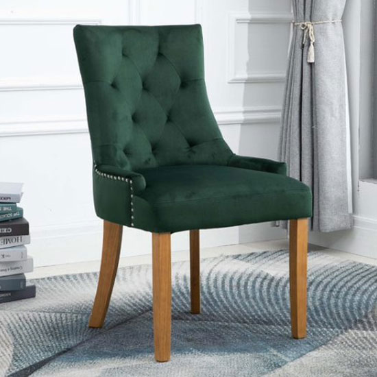 Product photograph of Lauren Velvet Dining Chair In Dark Green With Oak Legs from Furniture in Fashion